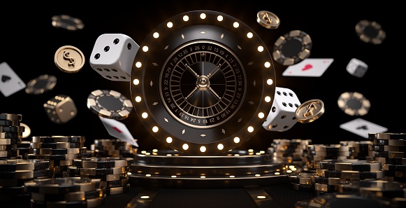 Modern Black, White And Golden Roulette Wheel, Chips, Dices, Cards And Coins On Black Background With Neon Lights.