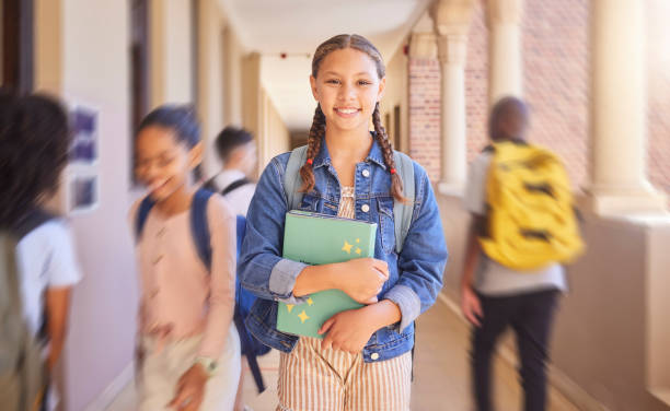 istock Student, portrait smile and class for school, education or learning with vision for career ambition in development. Happy female teenager smiling ready to learn, scholarship or goals at busy academy 1468780208