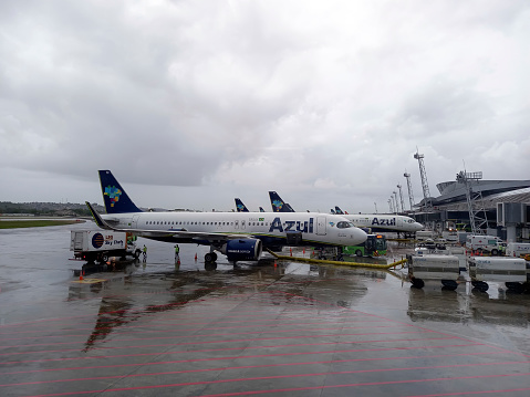 Recife, PE, Brazil - January 18, 2023:  Azul airline airplane at Recife airport, Pernambuco, on a rainy day