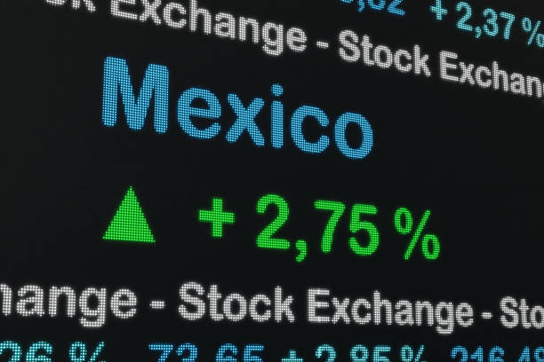 Mexico ositive stock market data on a trading screen. Green percentage sign and ticker information. Stock exchange and business concept. 3D illustration