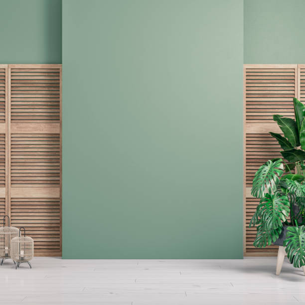 istock Cozy retro-chic interior with a large blank wall background, slat doors and potted plants, the 50s- 60s decoration 1468781249