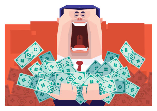 businessman holding pile of money banknotes and cheering vector illustration of businessman holding pile of money banknotes and cheering cartoon of rich man stock illustrations