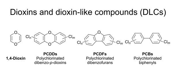 Dioxins and dioxin-like compounds (DLCs), general chemical structures Dioxins and dioxin-like compounds (DLCs), general structures. Group of chemical compounds, persistent organic pollutants (POPs) in the environment, mostly by-products of various industrial processes. persistent organic pollutants stock illustrations