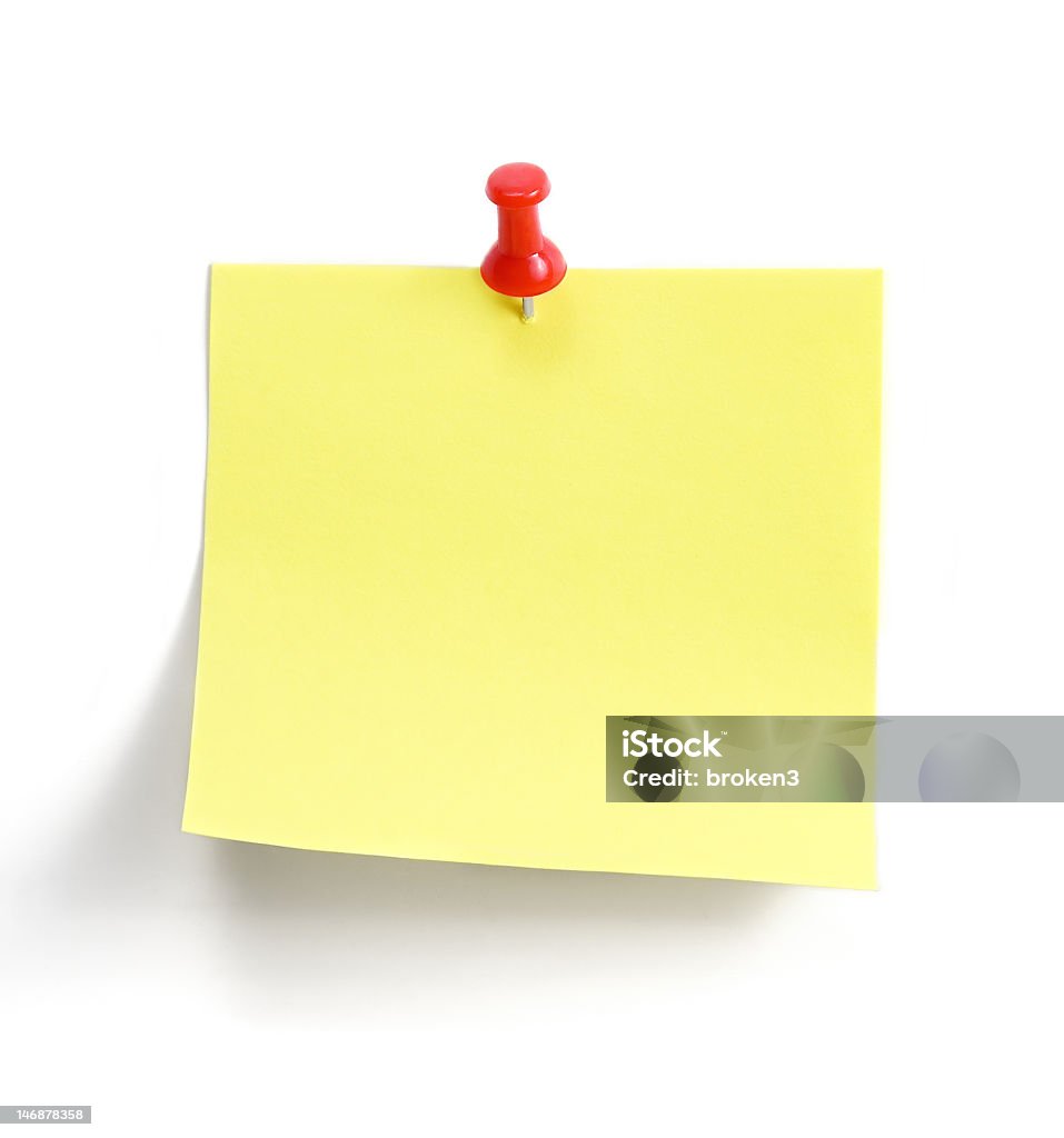 note yellow note with red pin over white background Adhesive Note Stock Photo
