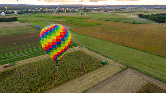 Aerial view colorful hot air balloon landing on a corn field while a farmer is cutting the plants with his green colored combine harvester,red tractor with green trailer parked next to the field,lots of hot air balloons in the distance