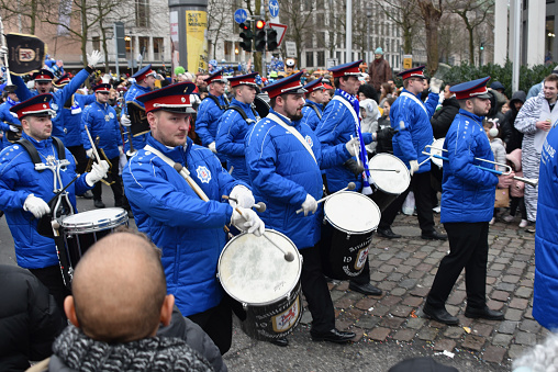 Duesseldorf, Germany, February 20, 2023 - Traditional Rose Monday Carnival float (Rose Monday Parade) in Duesseldorf old town.