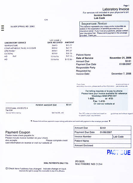 Past Due U.S. Medical Bill for Lab Work Past due medical bill for lab work.  Bill is from the United States.  - See lightbox for more form document stock pictures, royalty-free photos & images