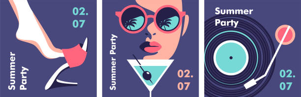 illustrazioni stock, clip art, cartoni animati e icone di tendenza di vacanza. modello per design per poster per feste estive. illustrazione vettoriale in stile minimalista. - martini glass