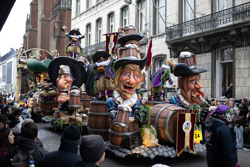 Aalst, Belgium, 19 February 2023: Humourous Carnival floats in Aalst's annual Mardi Gras street parade. Aalsts annual Carnival is one of the biggest Mardi Gras celebrations in Belgium.
