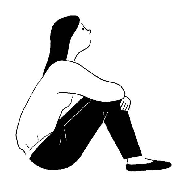 ilustraciones, imágenes clip art, dibujos animados e iconos de stock de dibujo de línea vectorial de una mujer sentada en el gimnasio - abrazar las rodillas