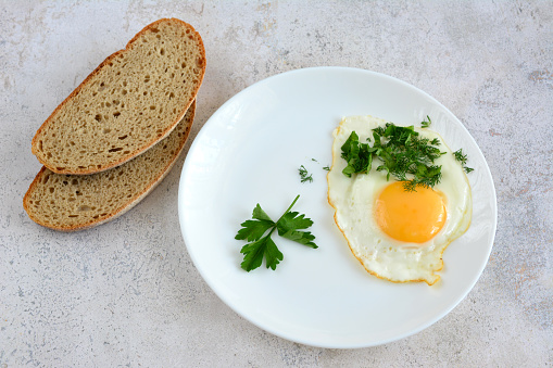 fried egg with orange yolk and chopped parsley on white plate with slices of bread