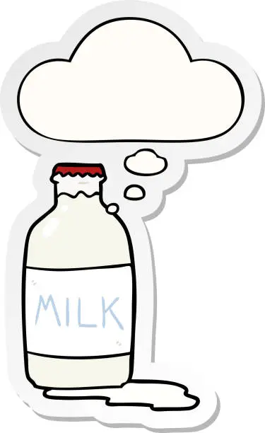 Vector illustration of cartoon milk bottle with thought bubble as a printed sticker