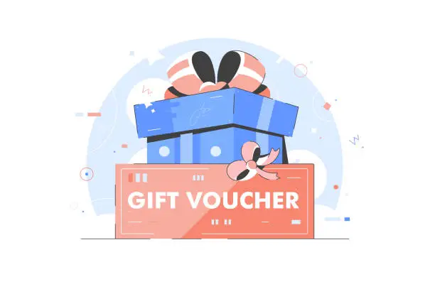 Vector illustration of Big gift voucher coupon with present box and confetti. Store promotion poster flat vector illustration. Colorful Gift card discount coupon