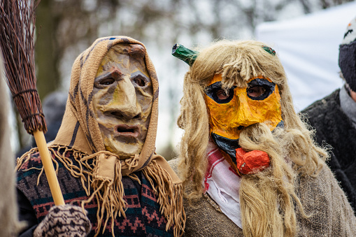 Trakai, Vilnius, Lithuania - February 19 2022: Traditional masks and costumes in Lithuania during Uzgavenes, a Lithuanian folk festival during Carnival, seventh week before Easter