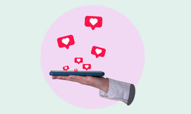 istock Art collage, a woman's hand holding a cell phone with hearts flying around it, Modern Art. 1468793030
