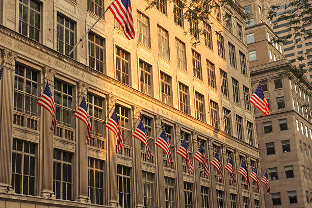 istock Line of american flags on building 146879346