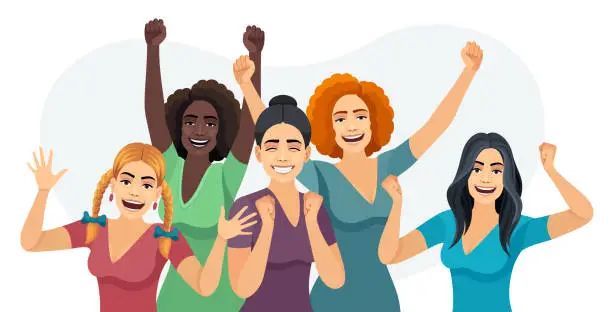Vector illustration of Multi-ethnic group of women with with arms raised laughing together. Women celebrating and having fun together.