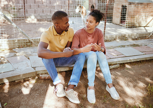 Black couple, sit and love in animal shelter, homeless canine center or foster care kennel in adoption decision choice. Talking, black woman and bonding man in pet dog charity or volunteer community