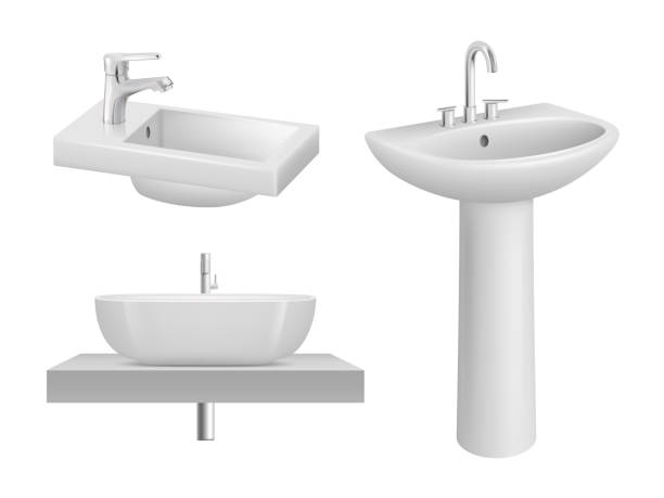 istock Sink. Realistic bathroom items white ceramic sink in toilet room decent vector template 1468799859