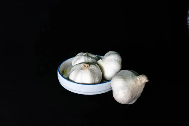 white garlic with black background, food and seasoning, garlic