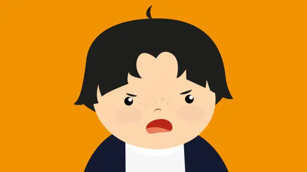 Vector illustration of Cute boy with angry facial expression on orange background.