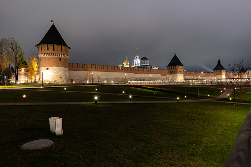 Tula, Tula Region, Russia - November 2022: Tula Kremlin at night. An ancient fortress. Russian architecture. Kremlin towers, Kremlin wall, ancient towers