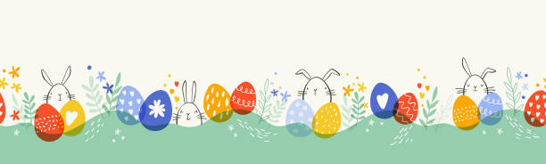 stockillustraties, clipart, cartoons en iconen met cute hand drawn easter horizontal seamless pattern with bunnies, flowers, easter eggs, beautiful background, great for easter cards, banner, textiles, wallpapers - vector design - pasen