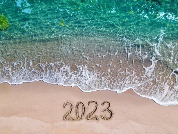 istock 2023 year written on sandy beach sea at sunny day 1468810675