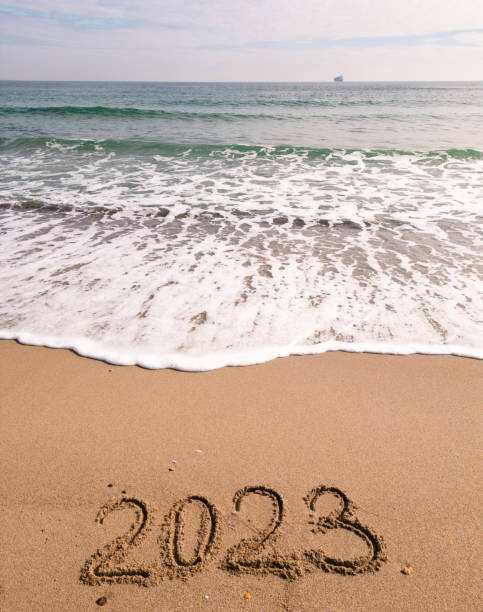 istock 2023 year written on sandy beach sea at sunny day 1468810706