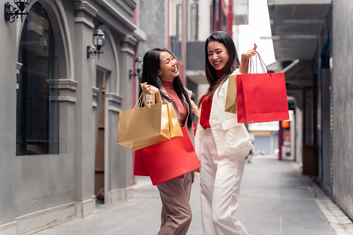 Two asian beautiful women with shopping bags in the city over mall background