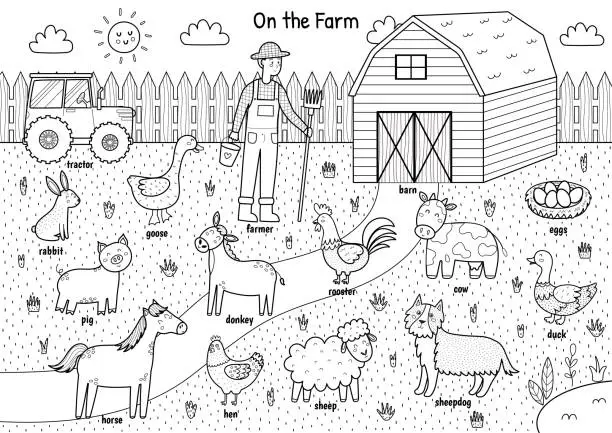 Vector illustration of On the farm black and white poster with cute animals and their names. Educational coloring page