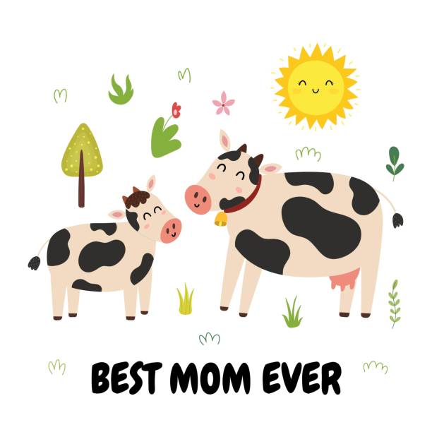 ilustrações, clipart, desenhos animados e ícones de melhor mãe de todos os tempos com uma vaca mãe fofa e seu filhote de bezerro - calf cow mother animal