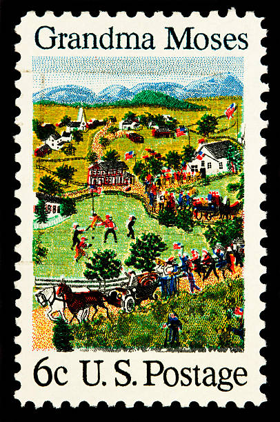 Grandma Moses 1969 A closeup of a 1969 issued 6 cent United States postage stamp showing Grandma Moses. 1969 stock pictures, royalty-free photos & images