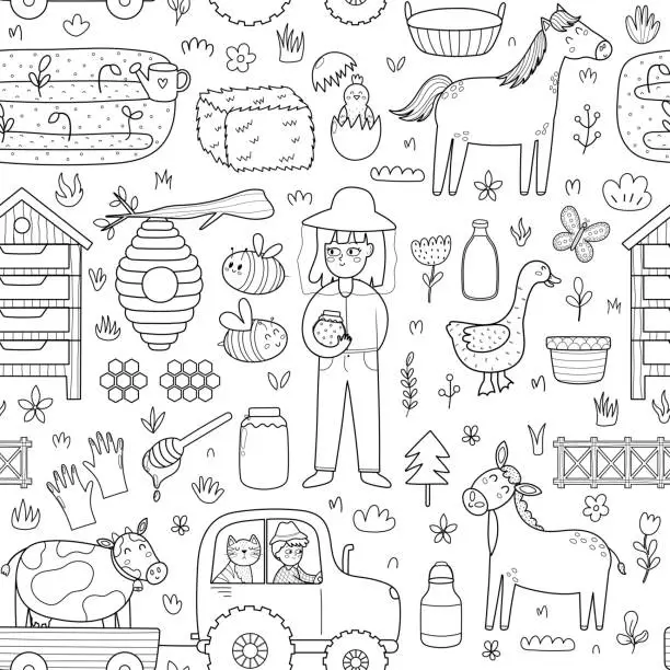 Vector illustration of Farm seamless pattern with cute characters in black and white. Countryside background
