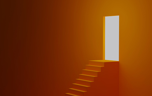 Staircase leads into large door with light illuminating orange room. path to success. 3d render illustration.