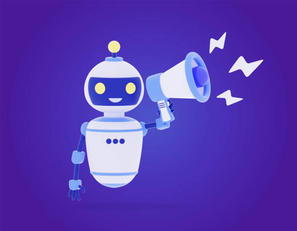 robô 3d segurando alto-falante chat bot ilustração de renderização 3d - announcement message robot public speaker message - fotografias e filmes do acervo