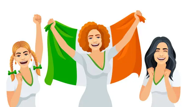 Vector illustration of Multi-Ethnic Group of Women with Arms Raised and a Flag of Ireland. Attractive woman shows flag of Ireland. Love Ireland concept.