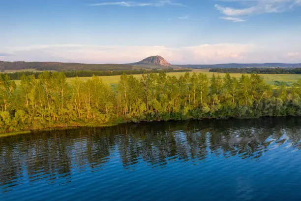 Photo of View of Toratau Mount from the Belaya River. Aerial view.