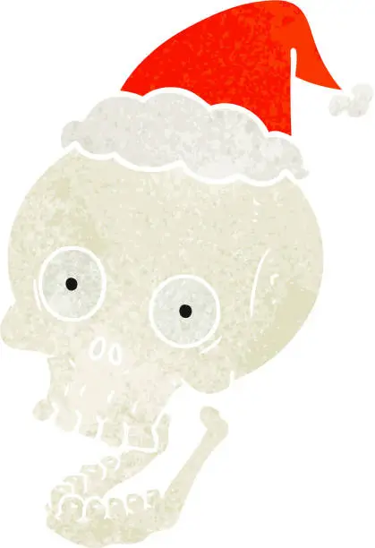 Vector illustration of hand drawn retro cartoon of a skull wearing santa hat