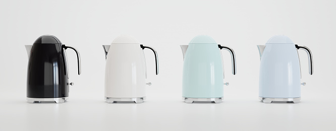 3D rendering Multicolor Vintage Electronic Kettle Stainless Steel Base And Handle on White Background