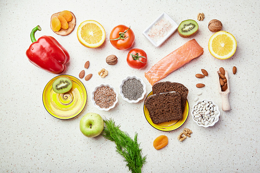 An overhead view of a group of healthy foods that are often referred to as Super Foods. One of a series of Super Food images.