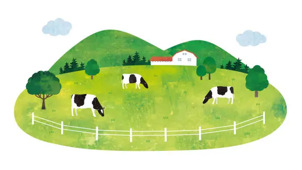 Vector illustration of Scenery of cows and pasture