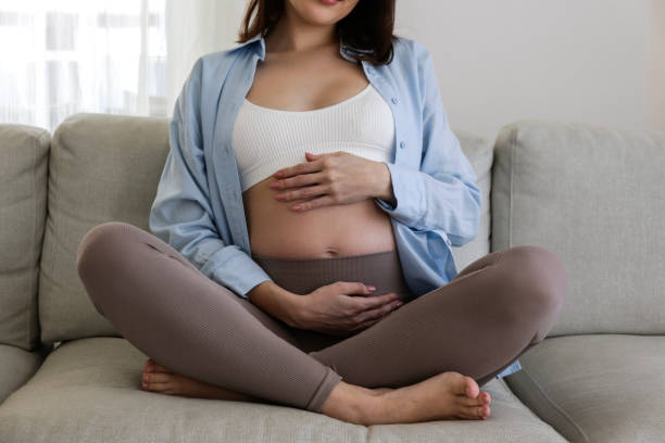 Pregnant woman at home. stock photo