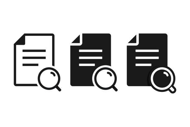 illustrazioni stock, clip art, cartoni animati e icone di tendenza di icona del documento del file lente di ingrandimento. vettore dell'illustrazione - documenti