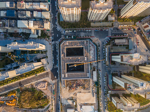 Looking down from the air at the eight-shaped urban buildings and surrounding buildings