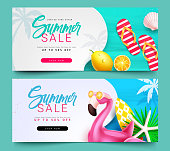 Summer sale vector banner set. Summer sale text up to 50% off with flamingo and fruits element seasonal background.