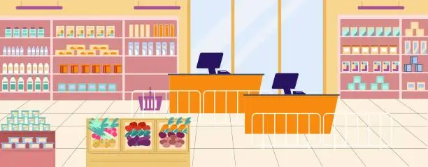 Vector illustration of Supermarket interior with food shelves, vegetables, fruits and cashier zone. Modern empty food store vector image, flat market location design