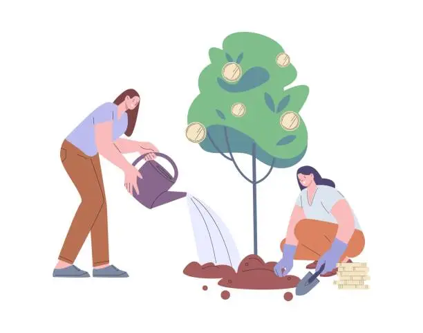 Vector illustration of Female characters care money tree. Women grow financial profit. Business benefits, investment cartoon metaphor. Gardening characters vector scene