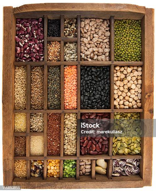Beans Grains Seeds In Vintage Typesetter Box Stock Photo - Download Image Now - Amaranthus, Bean, Black Color