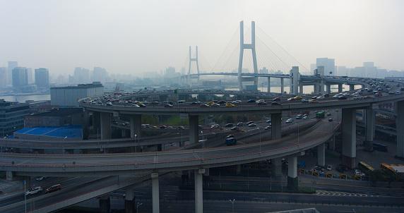 Panoramic view of Nanpu bridge against the backdrop of smog in shanghai. Urban air pollution is one of the huge problems in modern china